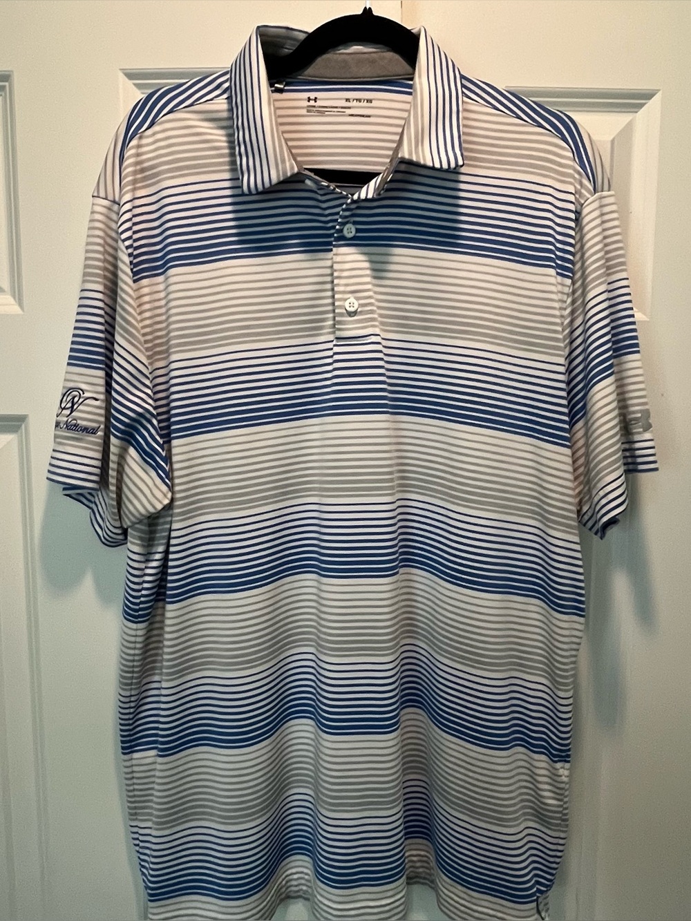 Men's Under Armour Striped Polo Shirt - Blue and White - Golf Osage Nationals
